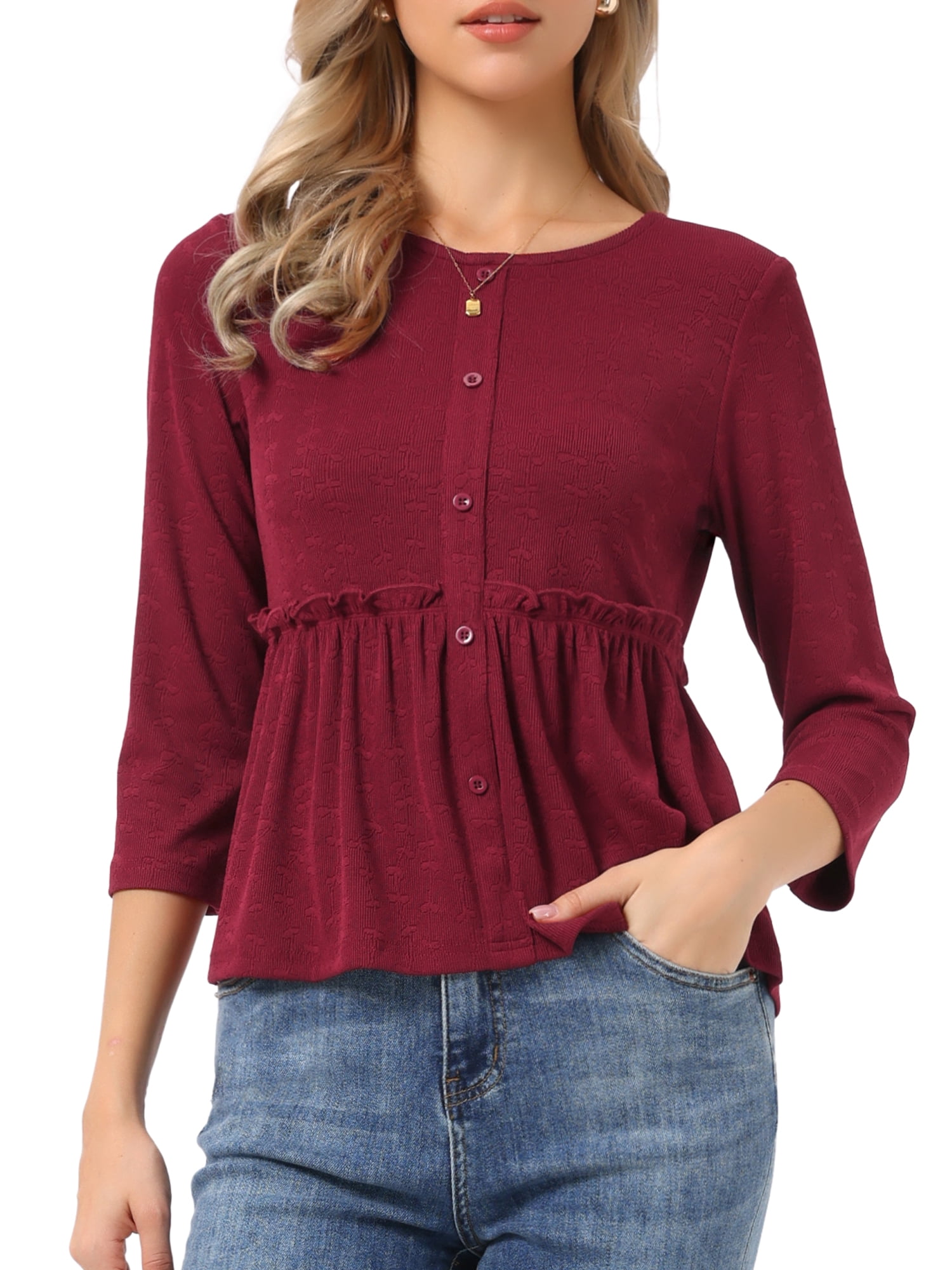 DARING DIVA Women's Peplum Crew Neck 3/4 Sleeve Ruffle Pullover Blouses S Burgundy