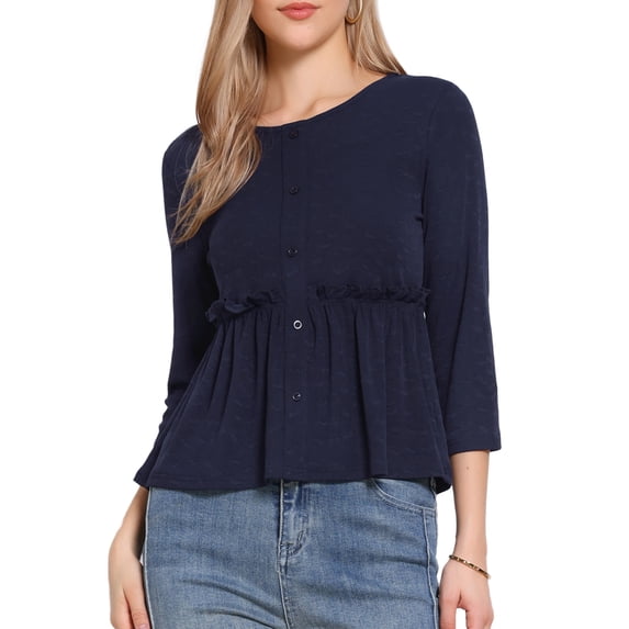 DARING DIVA Women's Peplum Crew Neck 3/4 Sleeve Ruffle Pullover Blouses XS Dark Blue