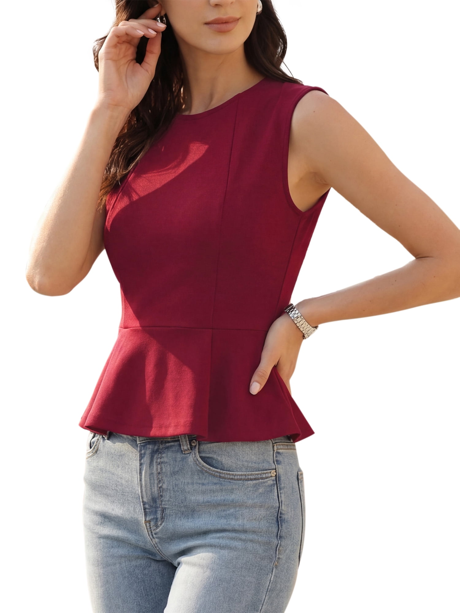 DARING DIVA Women's Peplum Crew Neck Sleeveless Babydoll Vest Blouses L Burgundy