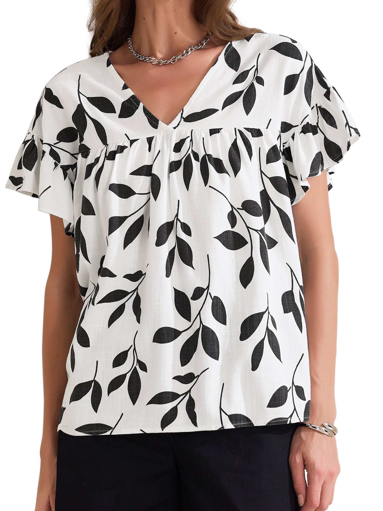 DARING DIVA Women's Peplum Floral Short Sleeve V Neck Ruffle Blouse L White