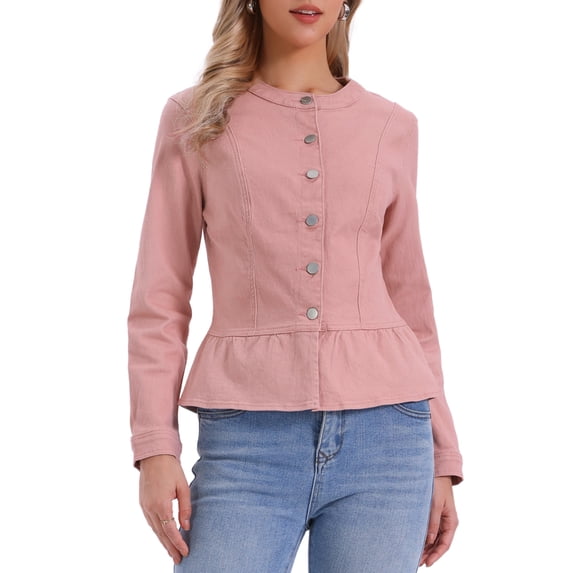DARING DIVA Women's Peplum Hem Button Down Collarless Jean Jacket L Dusty Pink