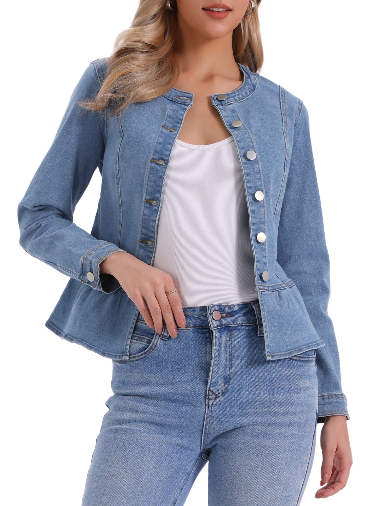 DARING DIVA Women's Peplum Hem Button Down Collarless Jean Jacket L Light Blue