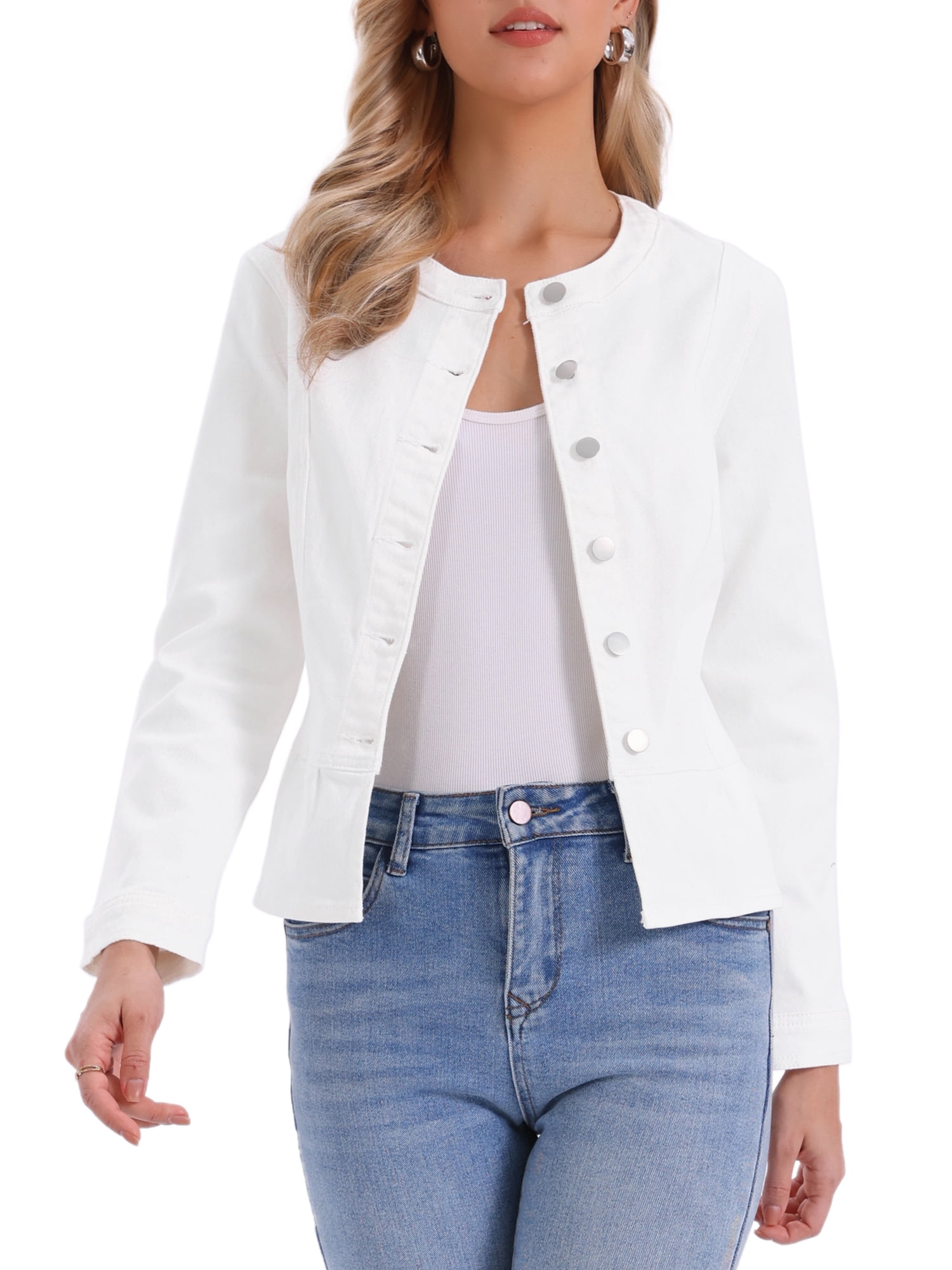 DARING DIVA Women's Peplum Hem Button Down Collarless Jean Jacket L White