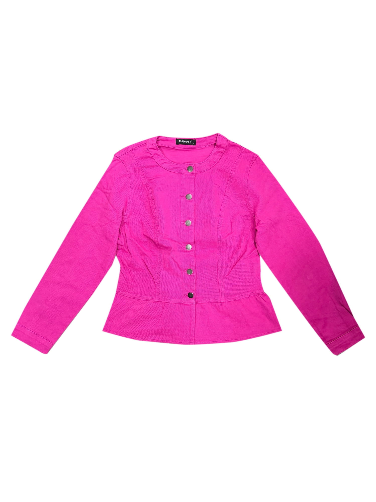 DARING DIVA Women's Peplum Hem Button Down Collarless Jean Jacket M Hot Pink