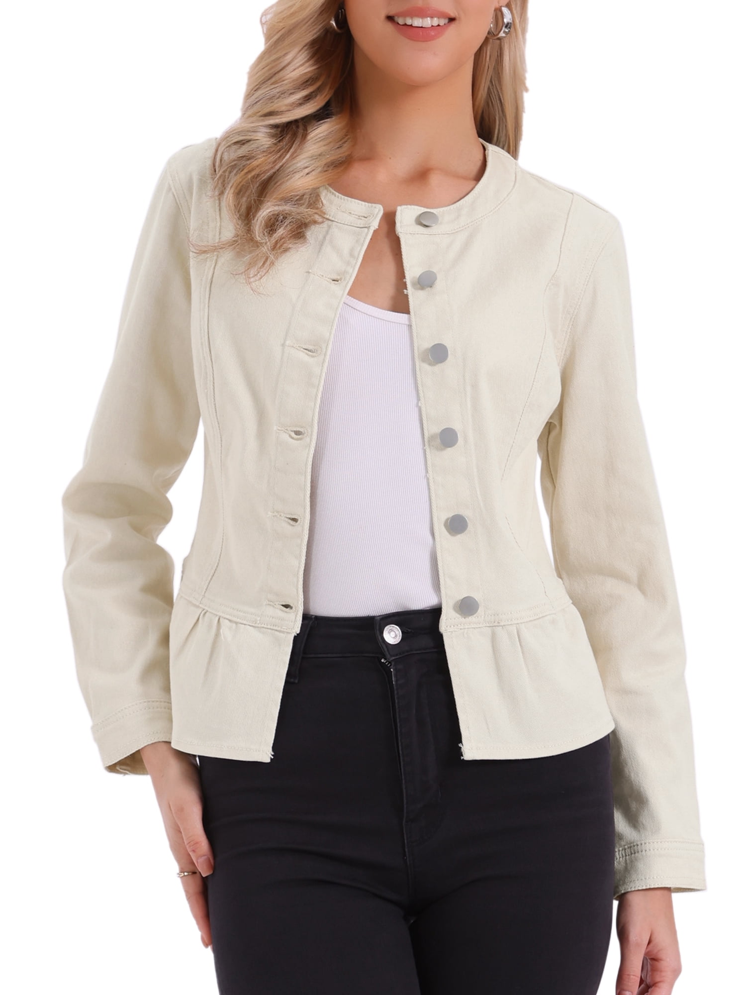 DARING DIVA Women's Peplum Hem Button Down Collarless Jean Jacket M Oyster