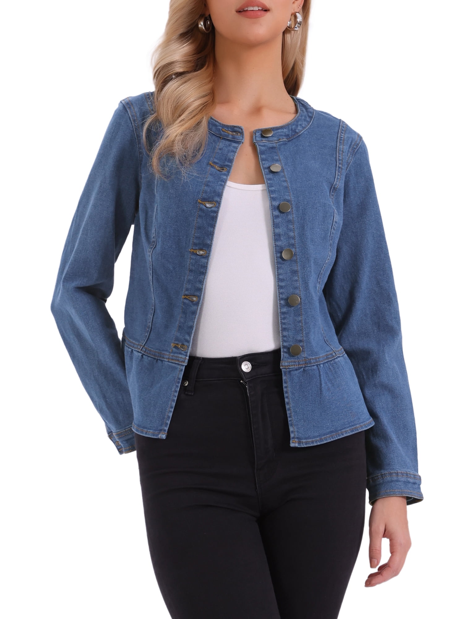 DARING DIVA Women's Peplum Hem Button Down Collarless Jean Jacket XL Blue