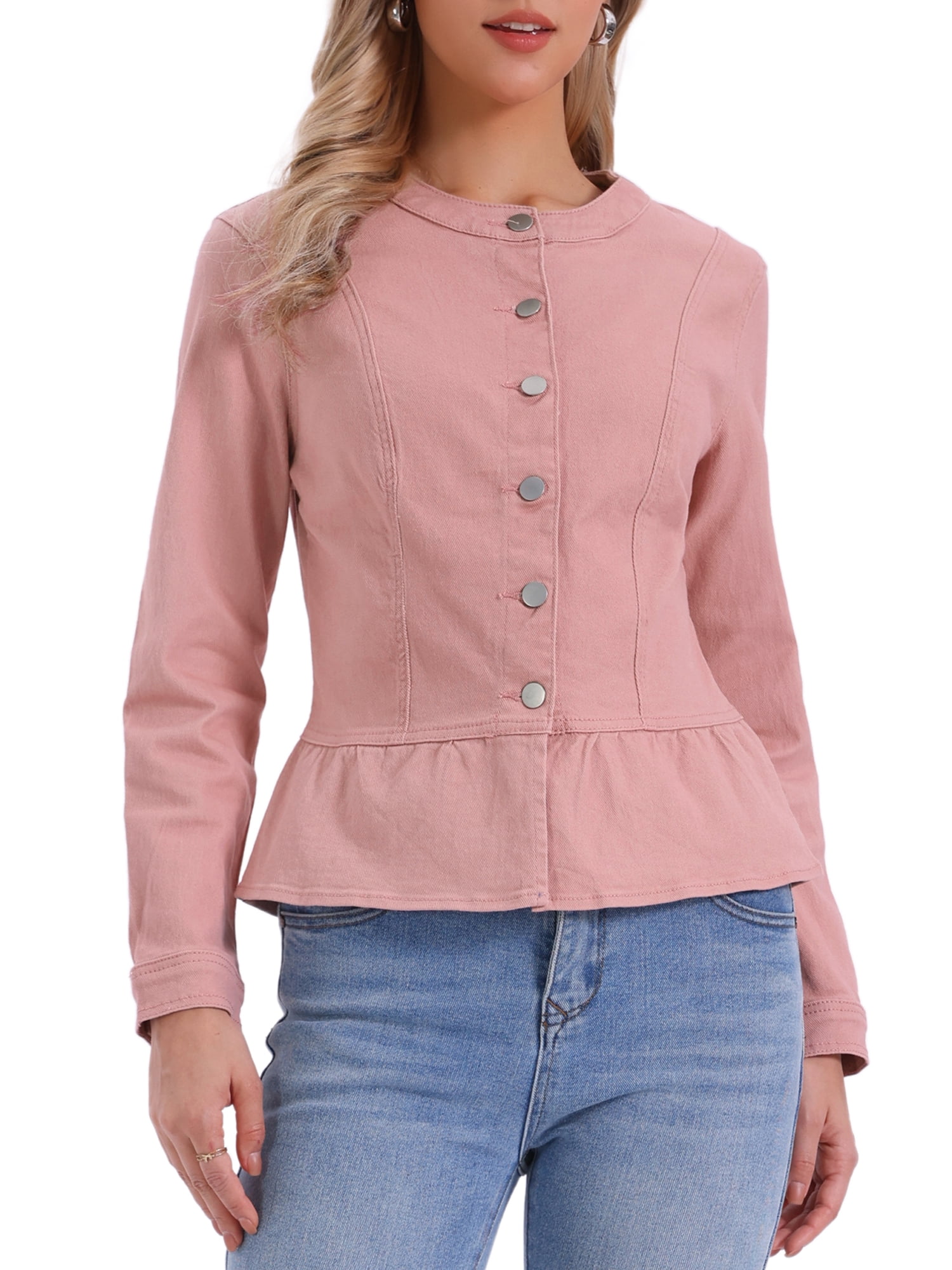 DARING DIVA Women's Peplum Hem Button Down Collarless Jean Jacket XL Dusty Pink