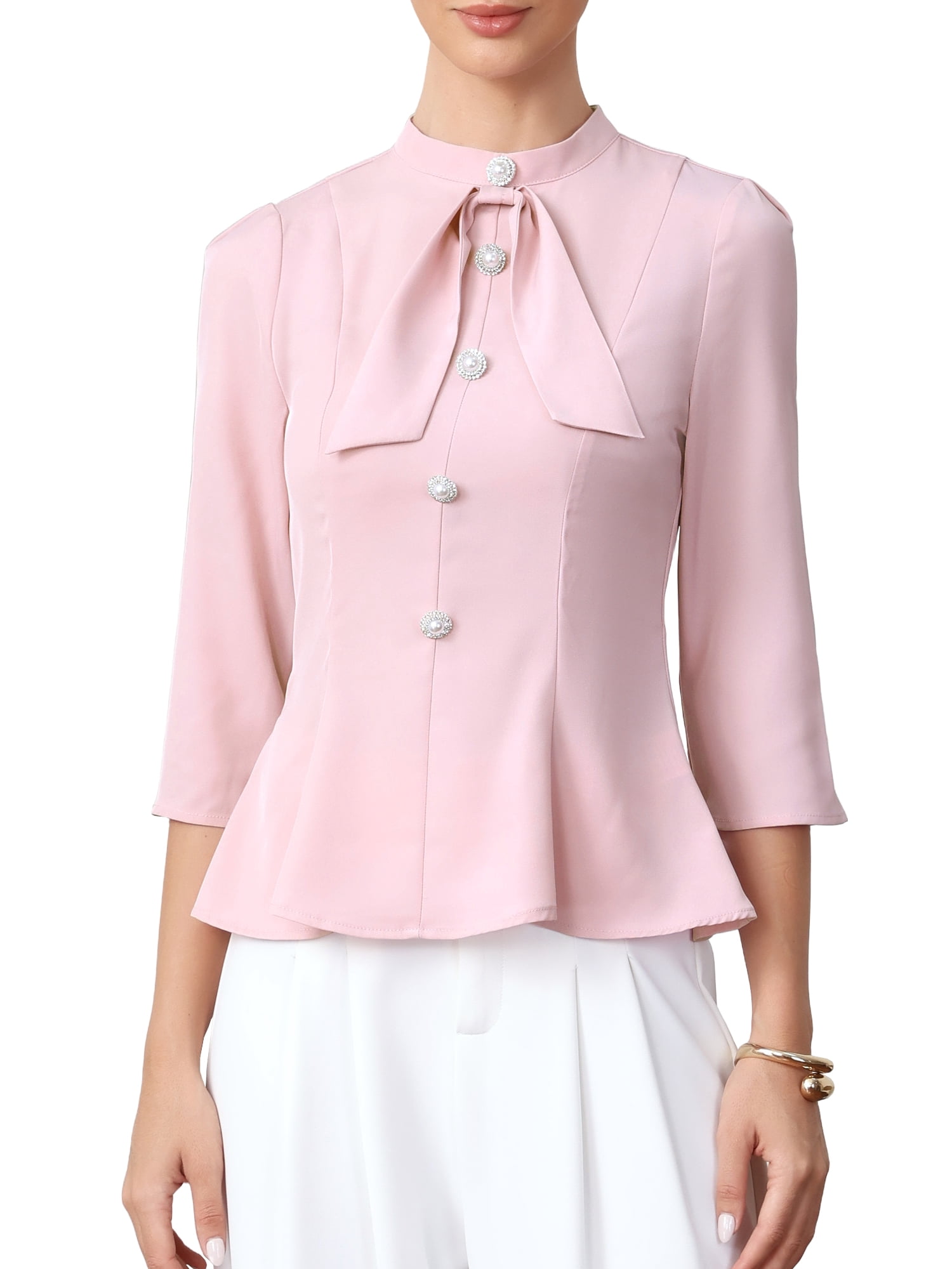 DARING DIVA Women's Peplum Mock Neck Buttons Ruffled Pleated 3/4 Sleeve Blouses M Pink