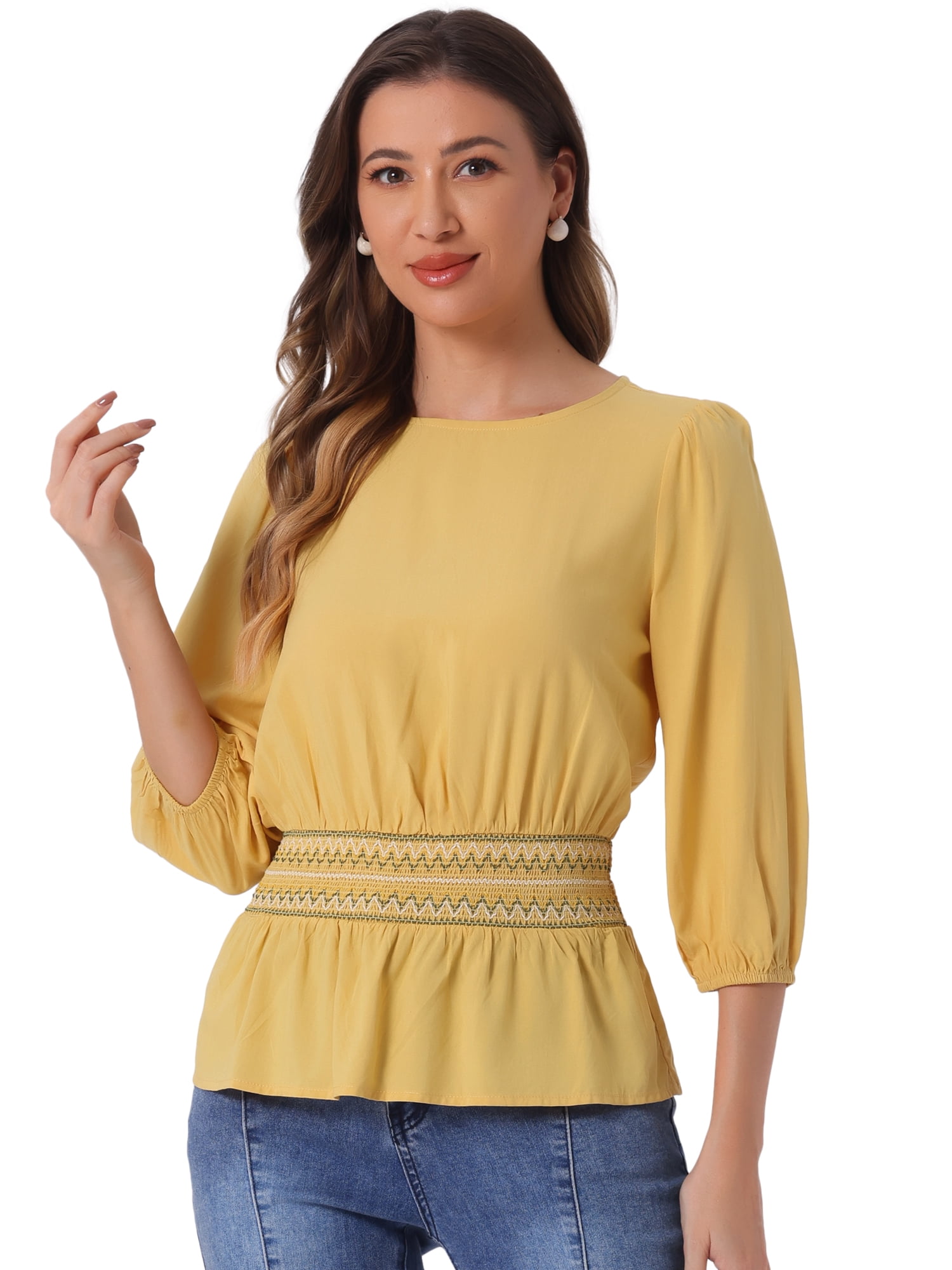 DARING DIVA Women's Peplum Puff Half Sleeve Smocked Waist Blouses M Yellow
