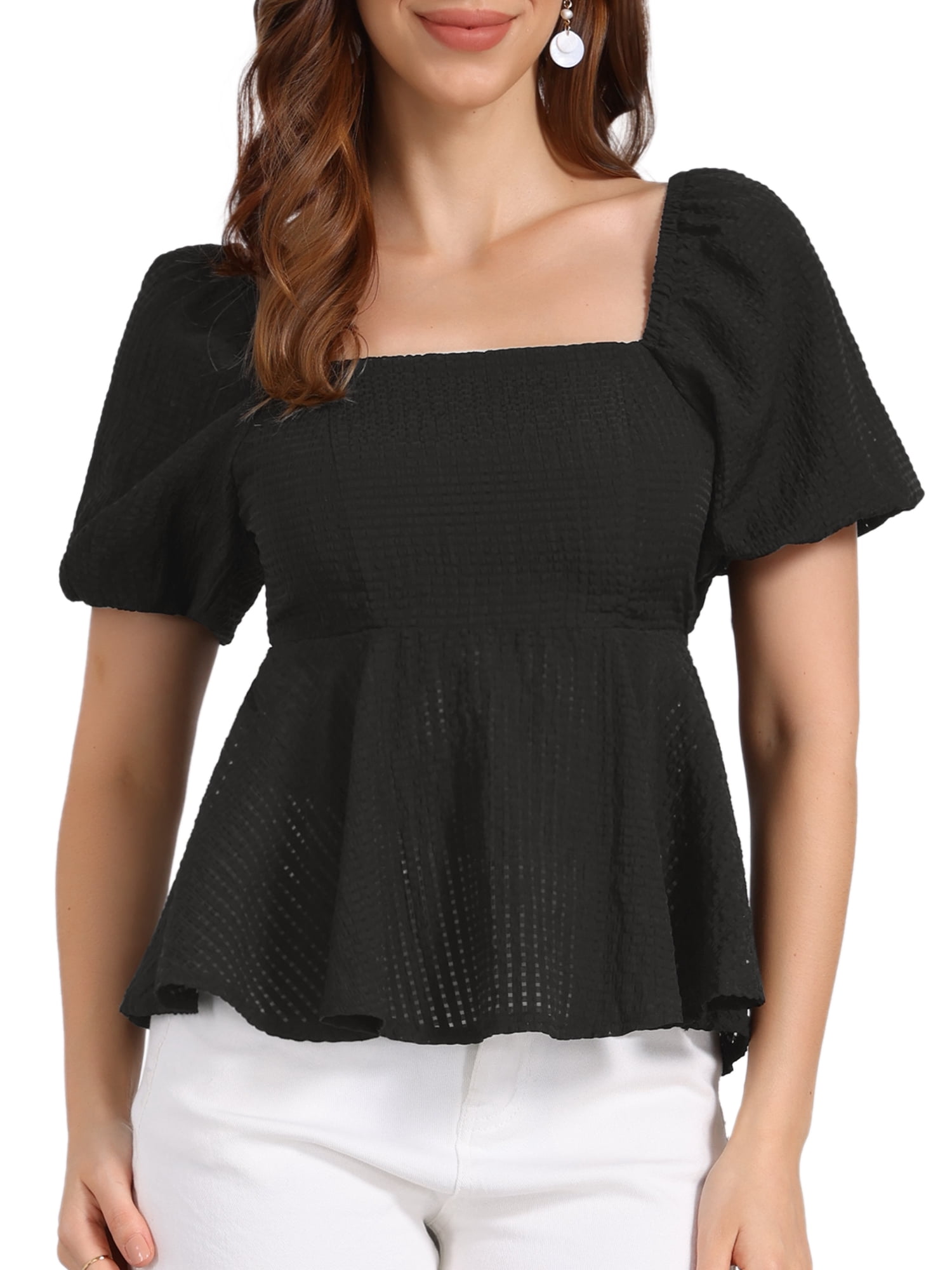 DARING DIVA Women's Peplum Square Neck Puff Short Sleeve Smocked Blouses M Black