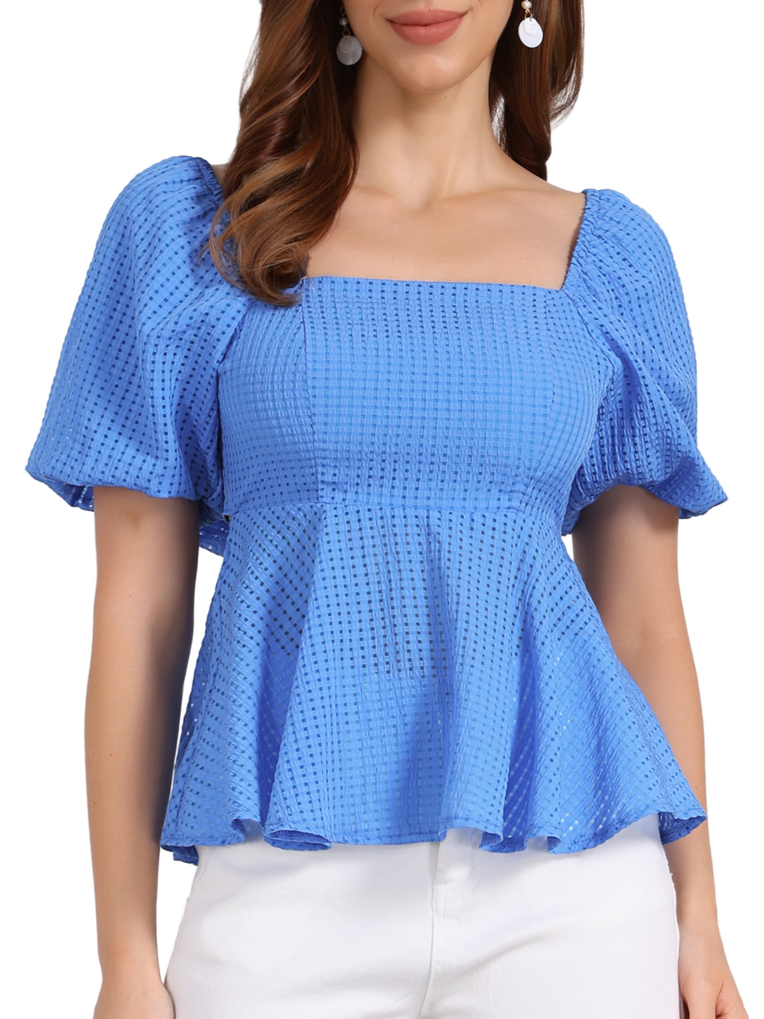 DARING DIVA Women's Peplum Square Neck Puff Short Sleeve Smocked Blouses S Blue