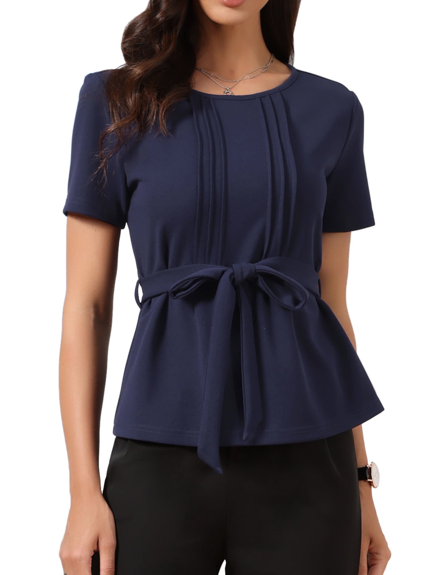 DARING DIVA Women's Peplum Summer Pleated Crew Neck Blouse XS Dark Blue