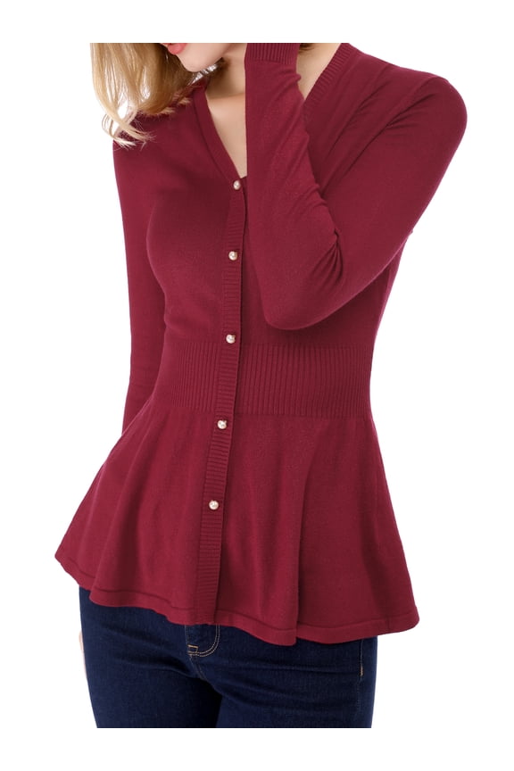 Women's Peplum Top Smocked Long Sleeve Knit Sweater M Burgundy