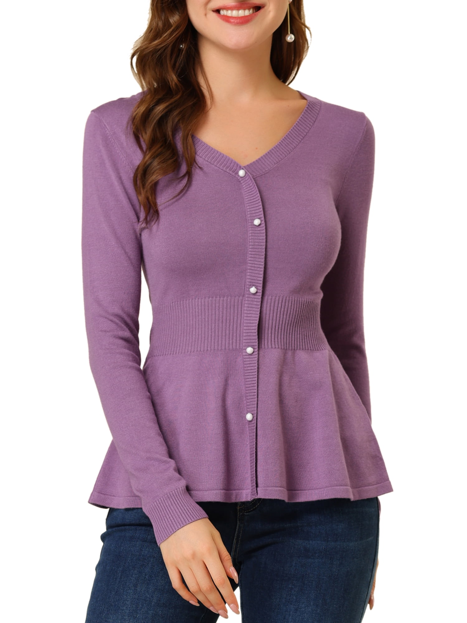DARING DIVA Women's Peplum Top Smocked Long Sleeve Knit Sweater M Purple