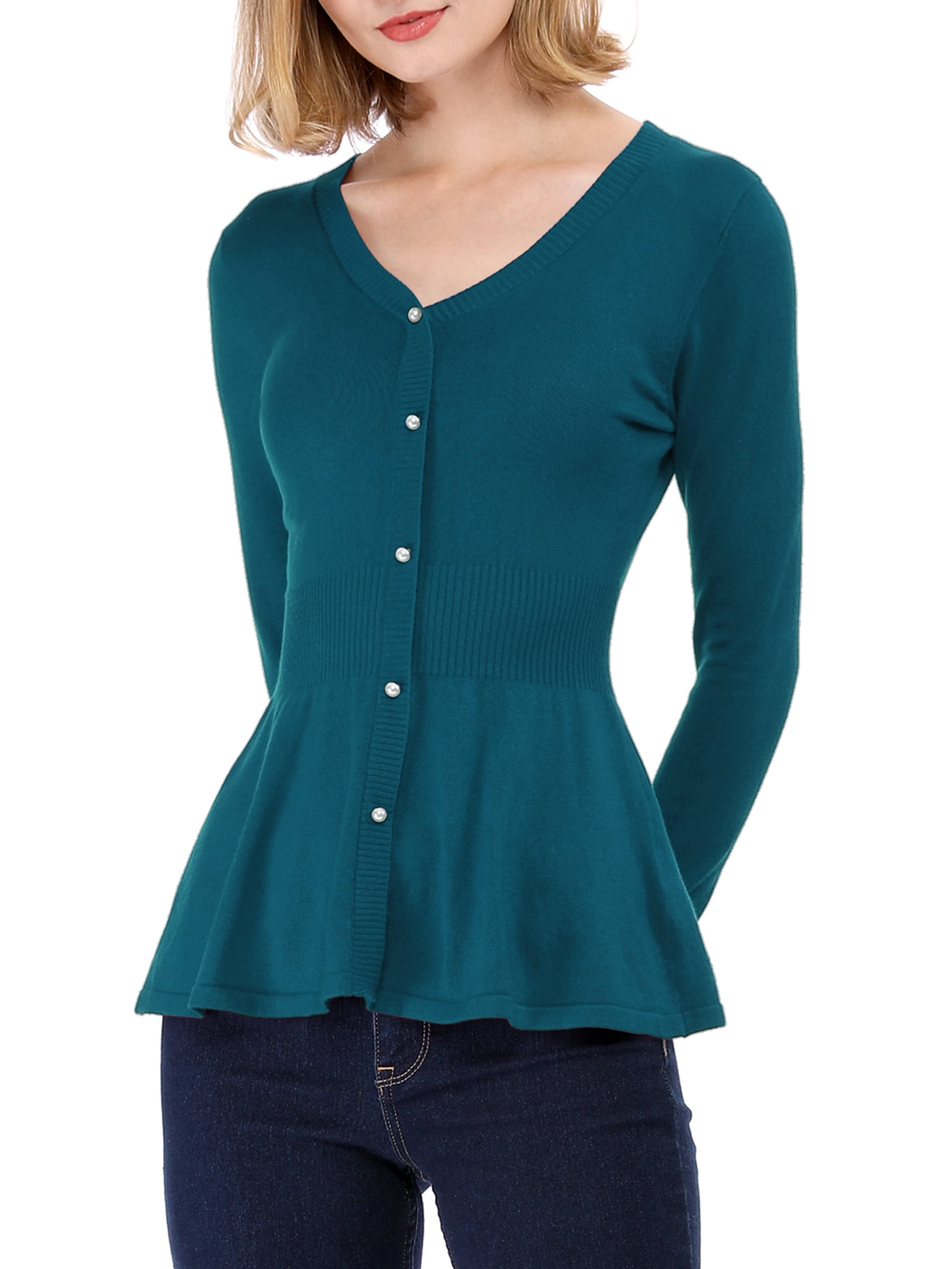DARING DIVA Women's Peplum Top Smocked Long Sleeve Knit Sweater S Blue Green