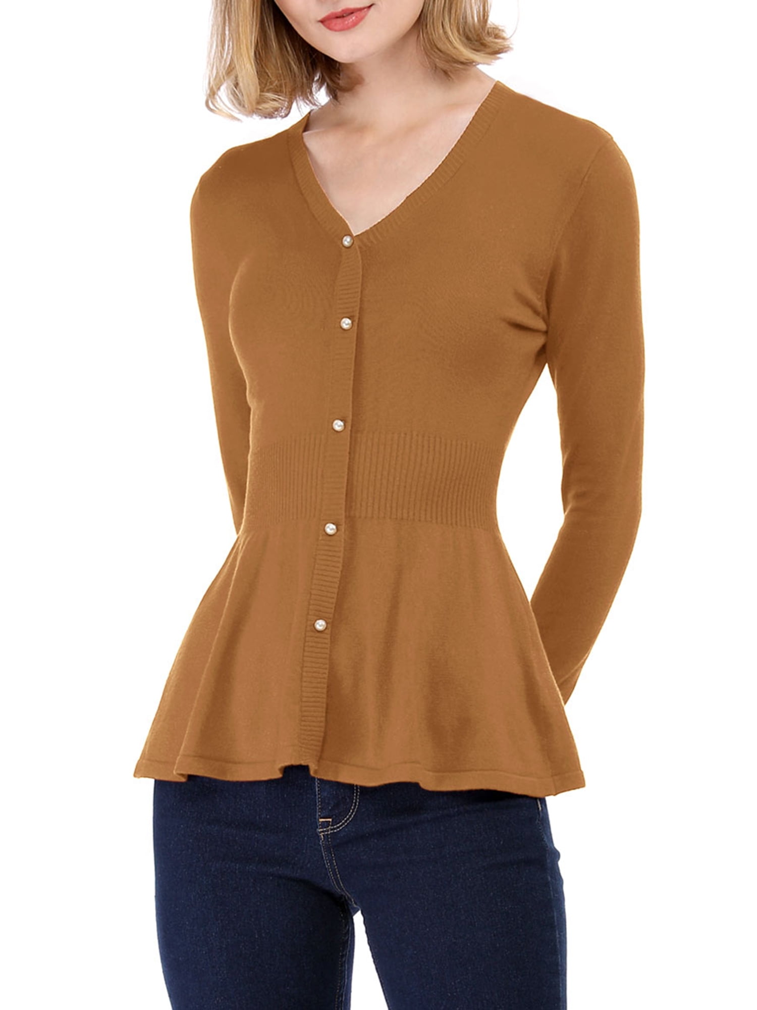 DARING DIVA Women's Peplum Top Smocked Long Sleeve Knit Sweater S Brown