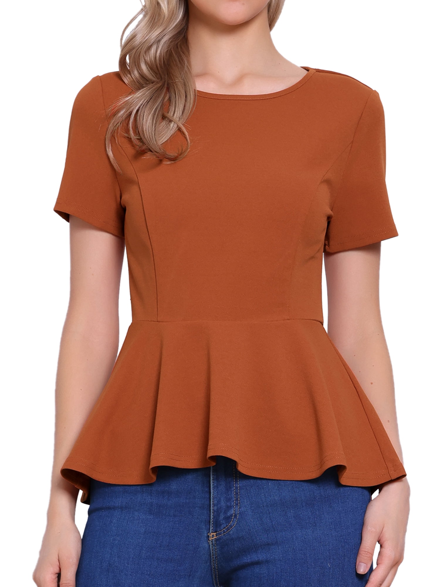 DARING DIVA Women's Peplum Tops Short Sleeve Crew Neck Blouse S Burnt Orange
