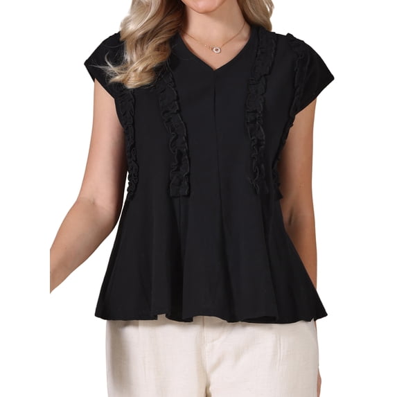 DARING DIVA Women's Peplum Tops Short Sleeve V Neck Blouse Cotton Loose Tie Back L Black
