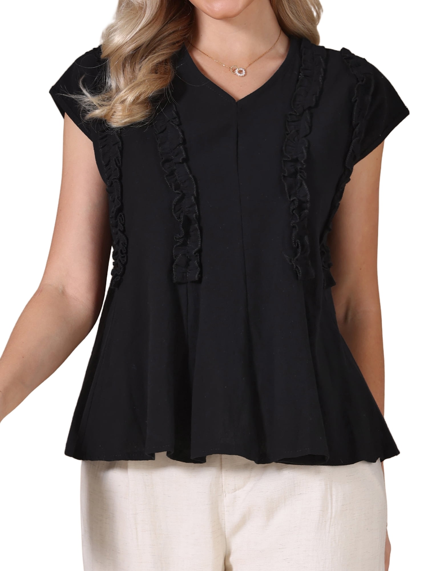 DARING DIVA Women's Peplum Tops Short Sleeve V Neck Blouse Cotton Loose Tie Back M Black