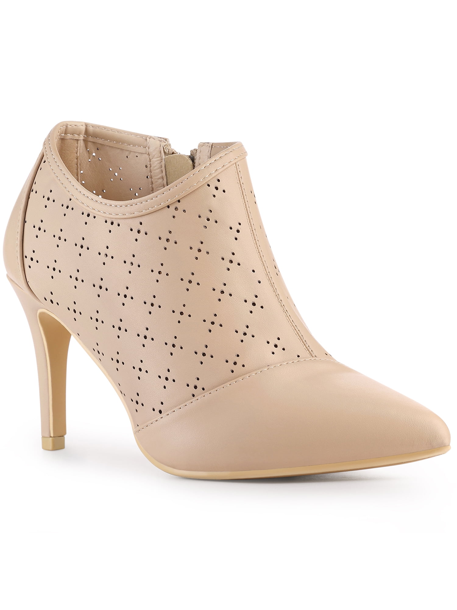 DARING DIVA Women's Perforated Pointy Toe Zipper Stiletto Heeled Ankle Boots Nude 6.5