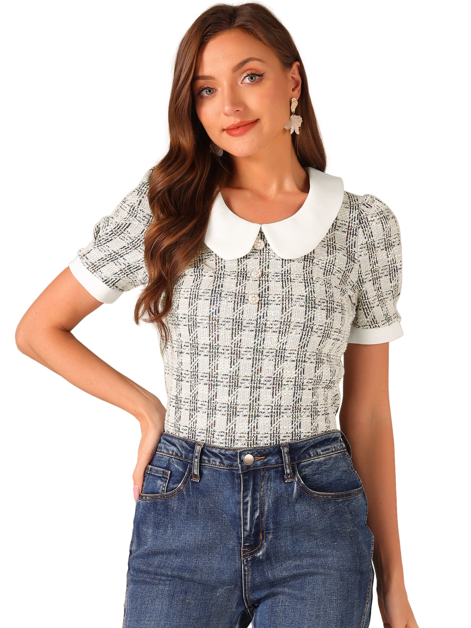 DARING DIVA Women's Peter Pan Collar Blouse Button Top Shirt L Black White