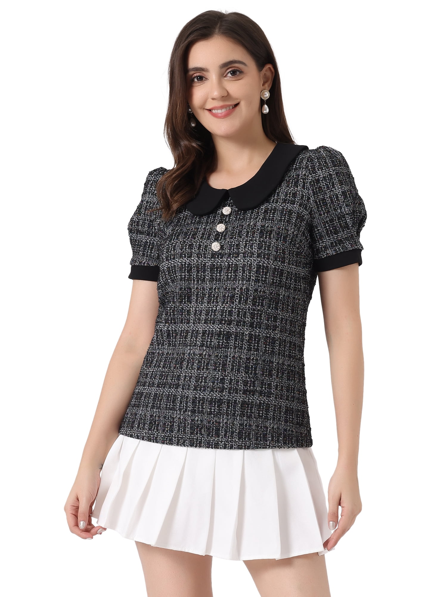 DARING DIVA Women's Peter Pan Collar Blouse Button Top Shirt L Black