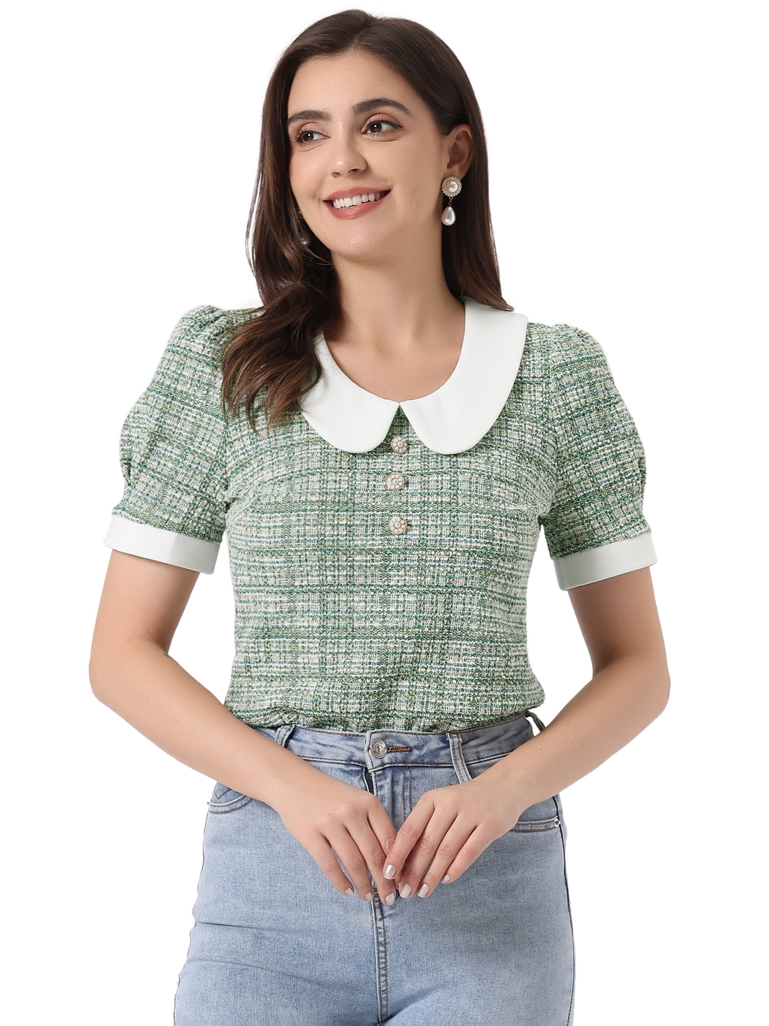 DARING DIVA Women's Peter Pan Collar Blouse Button Top Shirt S Green