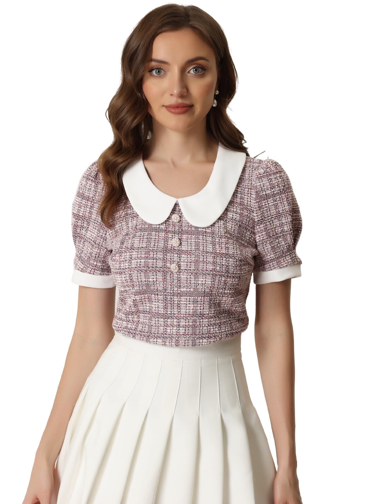 DARING DIVA Women's Peter Pan Collar Blouse Button Top Shirt XL Pink Grey