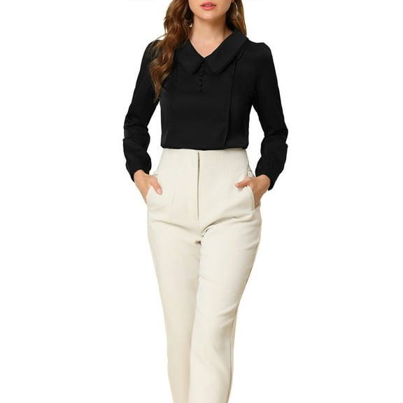 DARING DIVA Women's Peter Pan Collar Button Chiffon Blouse L Black