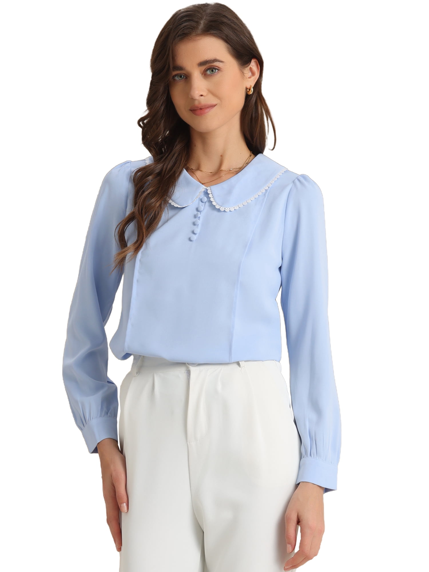 DARING DIVA Women's Peter Pan Collar Button Chiffon Blouse L Sky Blue
