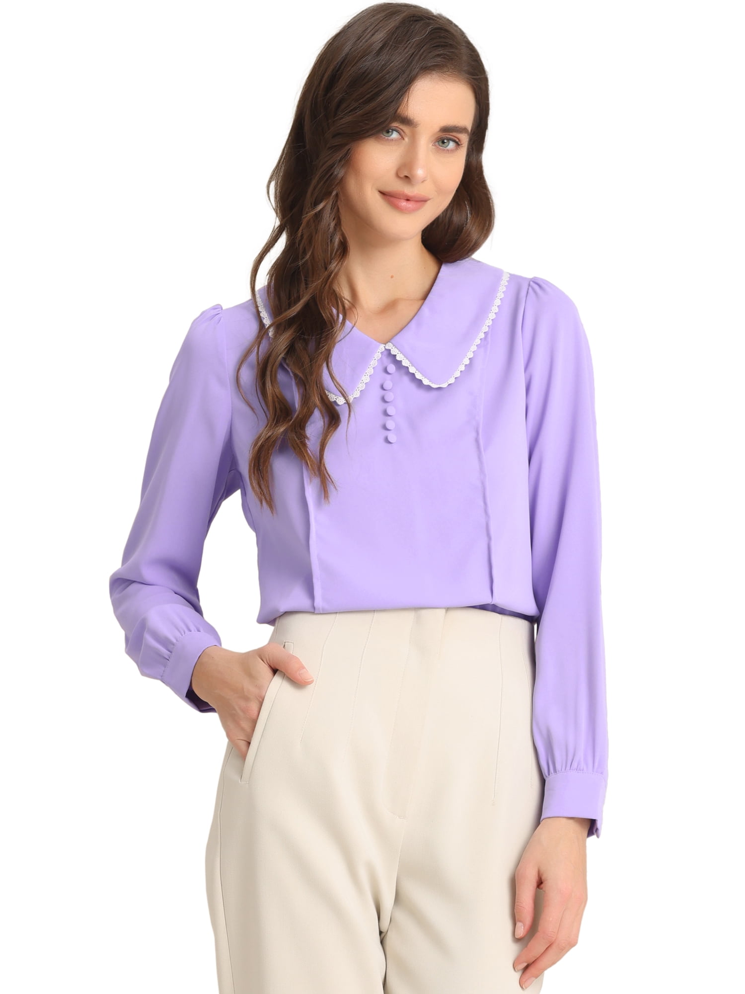 DARING DIVA Women's Peter Pan Collar Button Chiffon Blouse M Light Purple