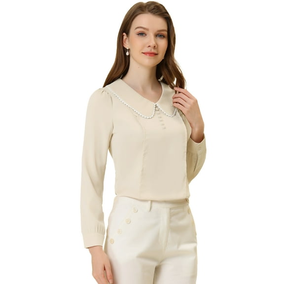 DARING DIVA Women's Peter Pan Collar Button Chiffon Blouse S Apricot