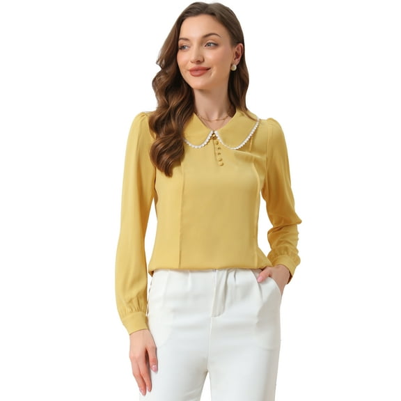 DARING DIVA Women's Peter Pan Collar Button Chiffon Blouse XL Bright Yellow