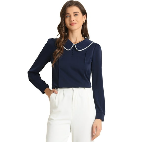 DARING DIVA Women's Peter Pan Collar Button Chiffon Blouse XL Dark Blue