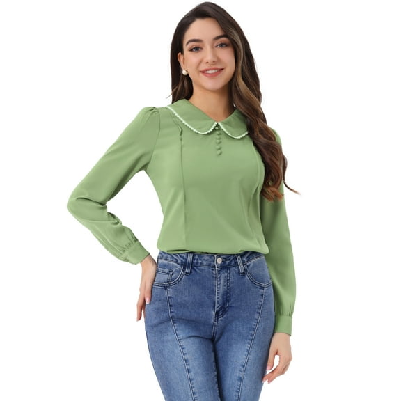 DARING DIVA Women's Peter Pan Collar Button Chiffon Blouse XL Dusty Green