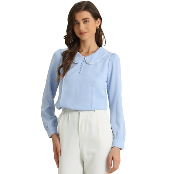 DARING DIVA Women's Peter Pan Collar Button Chiffon Blouse XL Sky Blue