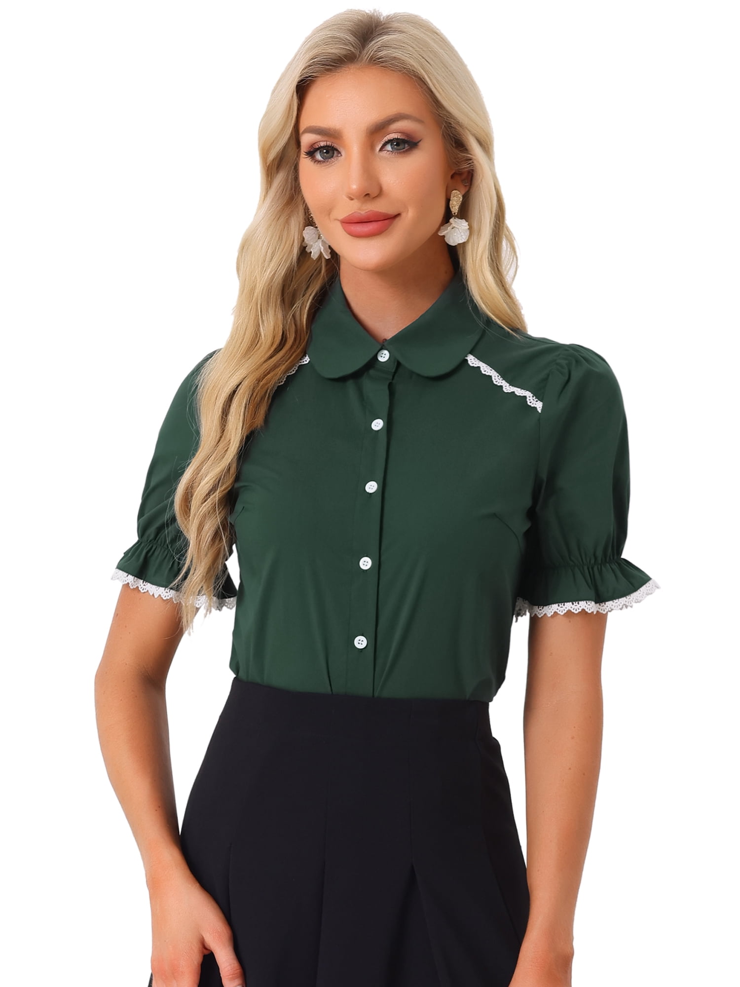 DARING DIVA Women's Peter Pan Collar Contrast Trim Puff Sleeve Shirt M Dark Green