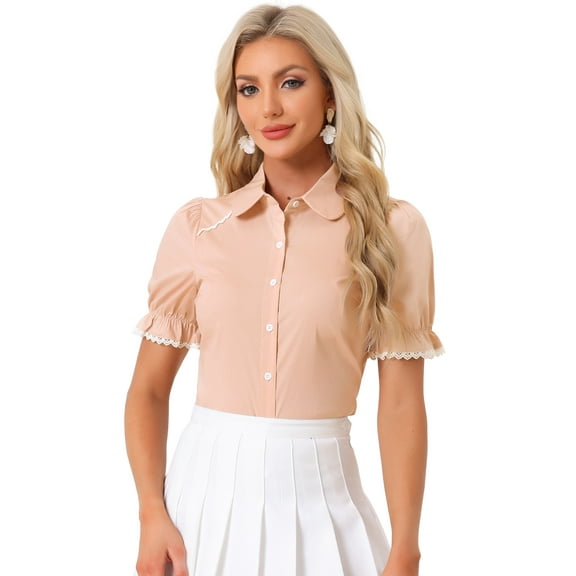 DARING DIVA Women's Peter Pan Collar Contrast Trim Puff Sleeve Shirt S Dusty Pink