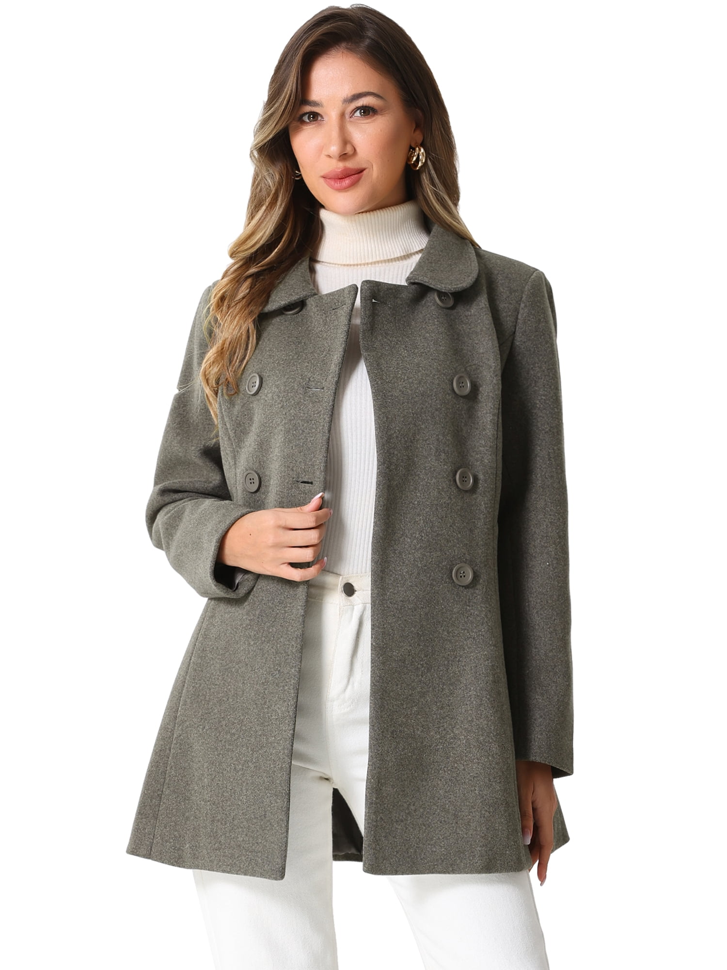 DARING DIVA Women's Peter Pan Collar Double Breasted Winter Trench Coat Dusty Dark Grey XS