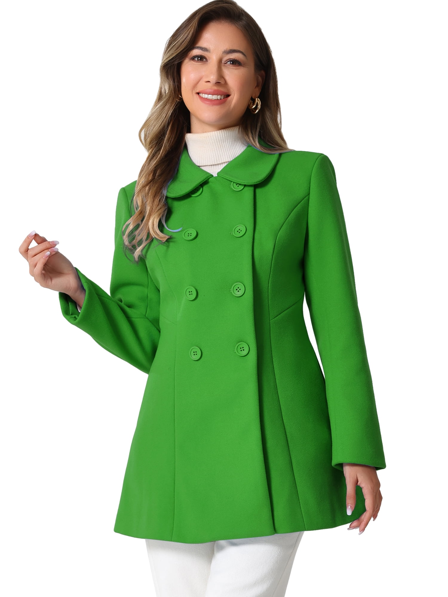 DARING DIVA Women's Peter Pan Collar Double Breasted Winter Trench Coat Green XL