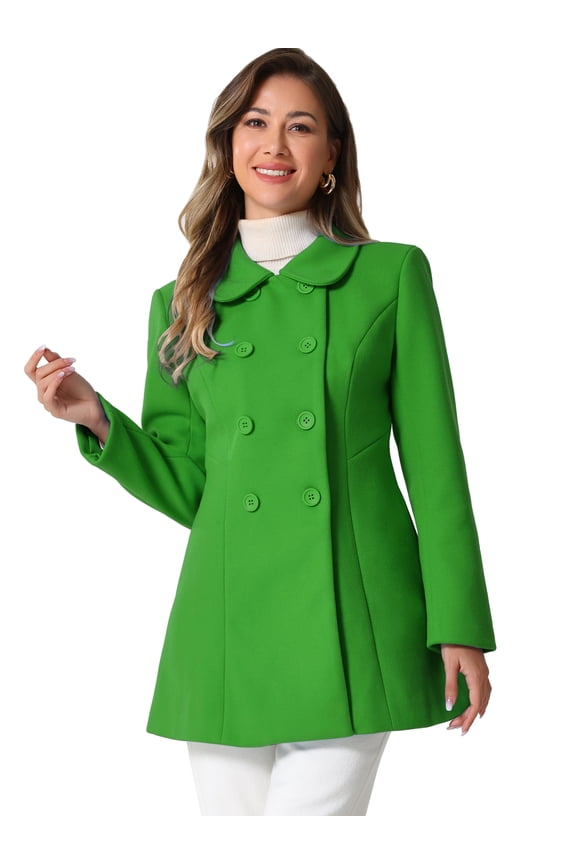 Women's Peter Pan Collar Double Breasted Winter Trench Coat Green XL