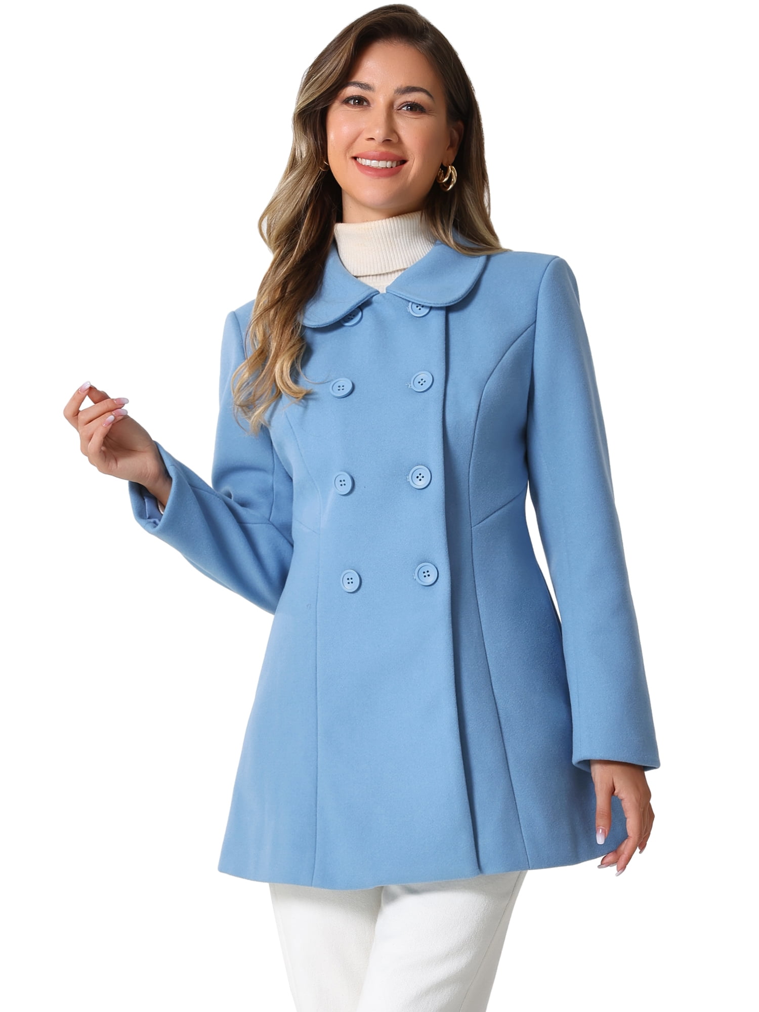 DARING DIVA Women's Peter Pan Collar Double Breasted Winter Trench Coat Light Grey Blue L