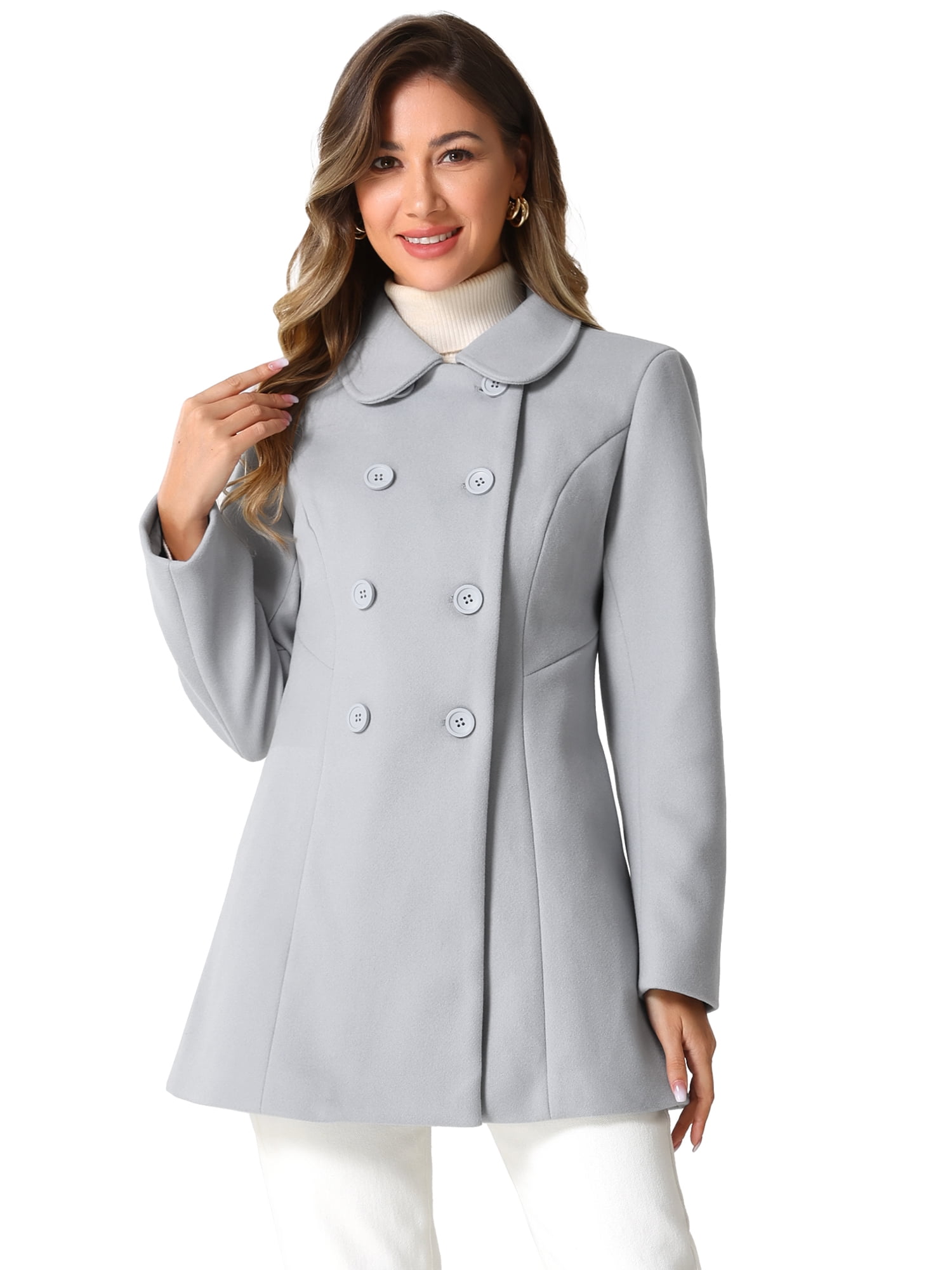 DARING DIVA Women's Peter Pan Collar Double Breasted Winter Trench Coat Light Grey M
