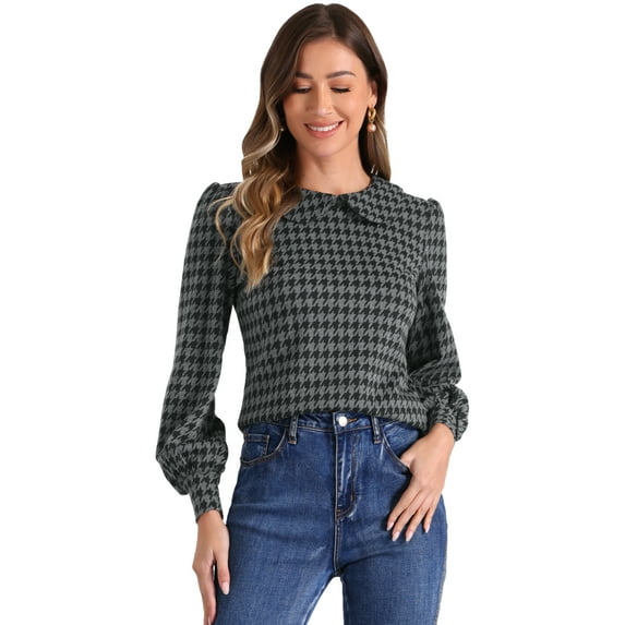 DARING DIVA Women's Peter Pan Collar Houndstooth Plaid Blouse M Grey Black