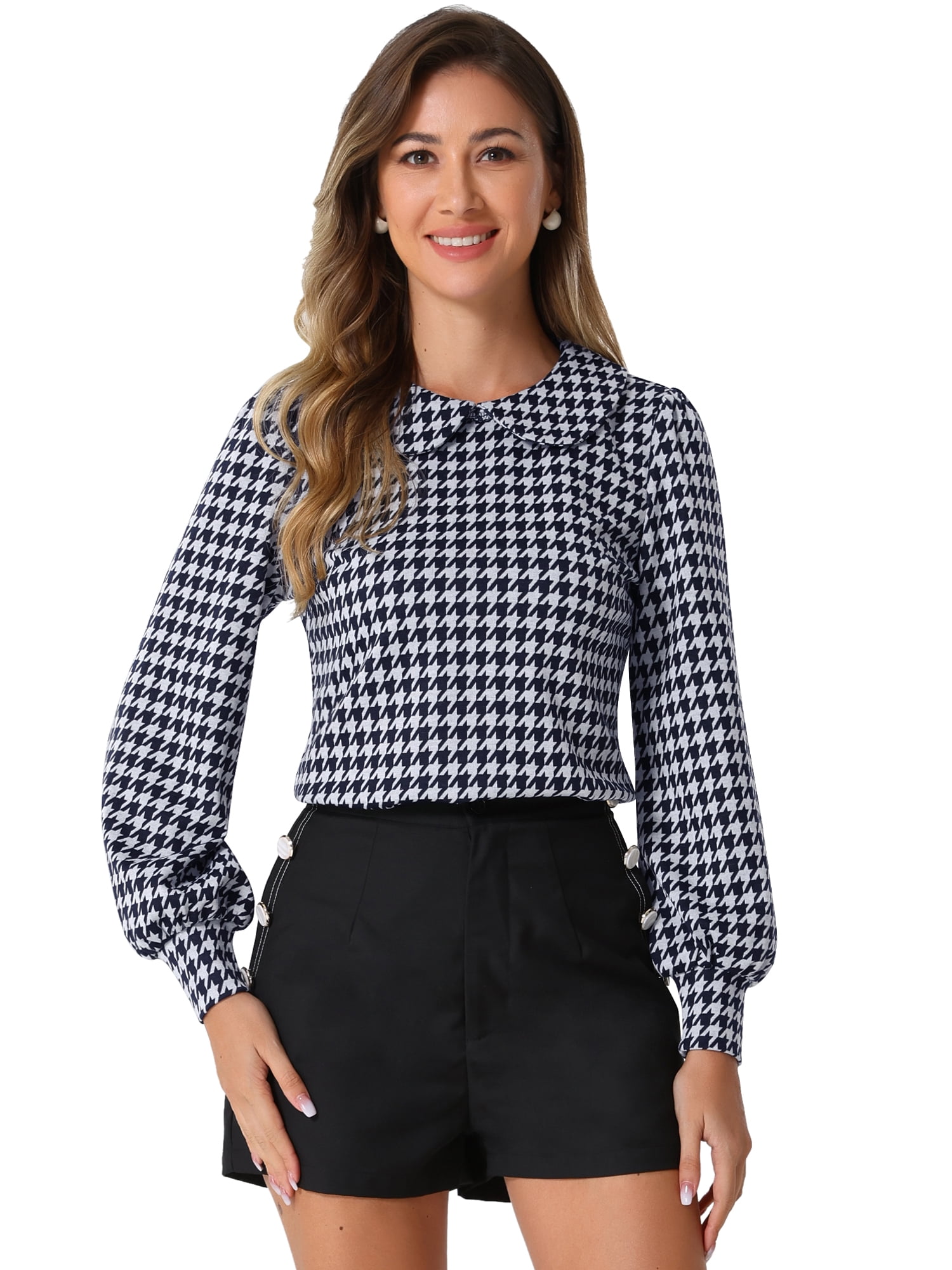 DARING DIVA Women's Peter Pan Collar Houndstooth Plaid Blouse S Navy Blue