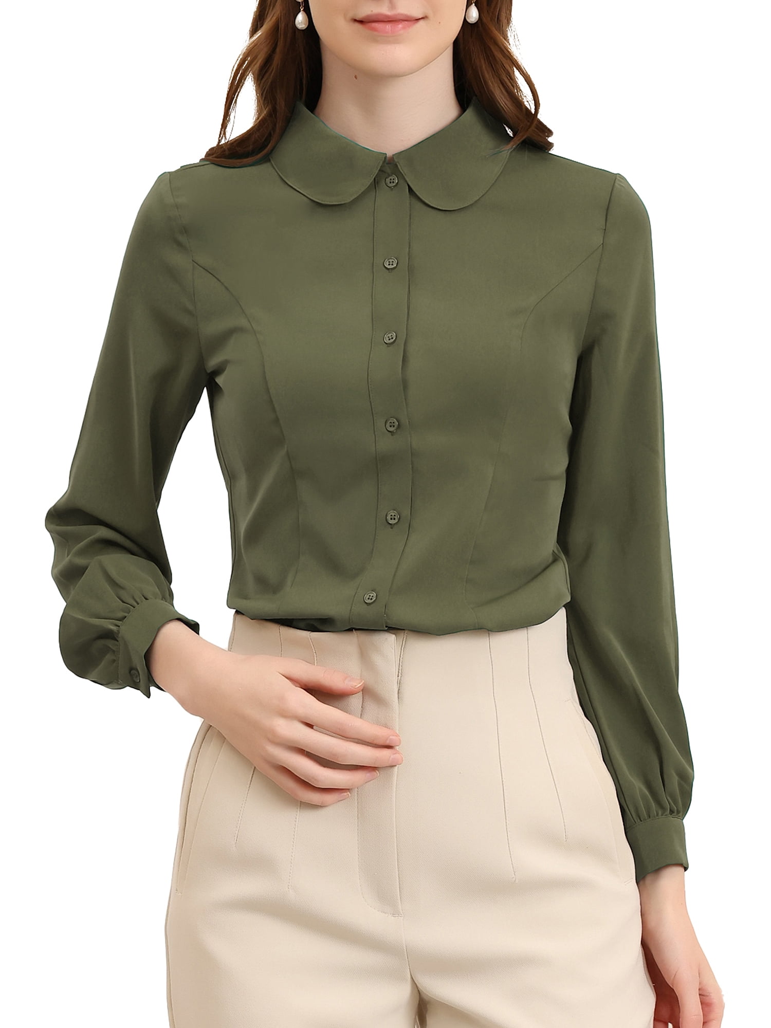 DARING DIVA Women's Peter Pan Collar Long Sleeve Button Down Work Shirts L Army Green
