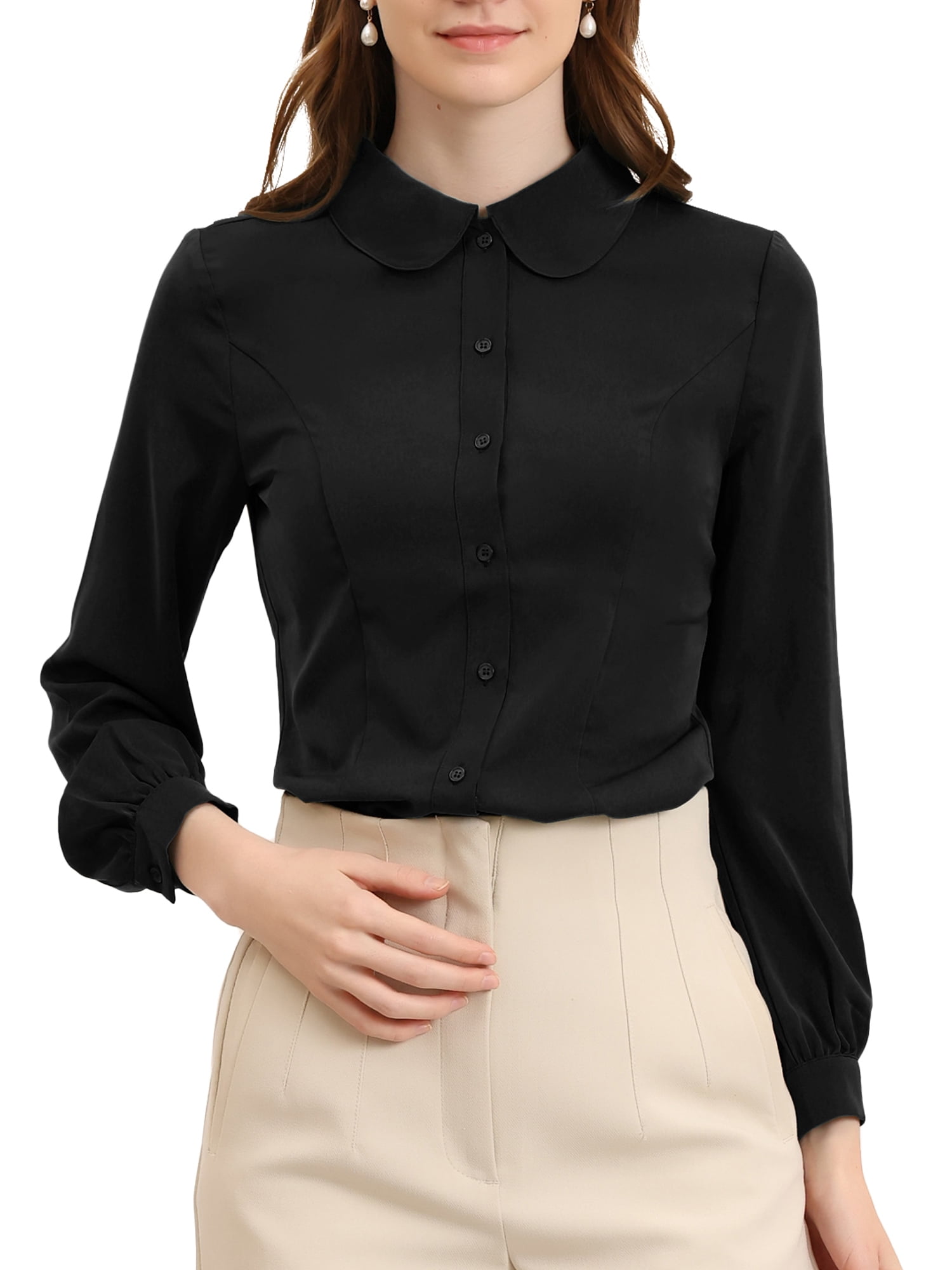 DARING DIVA Women's Peter Pan Collar Long Sleeve Button Down Work Shirts L Black