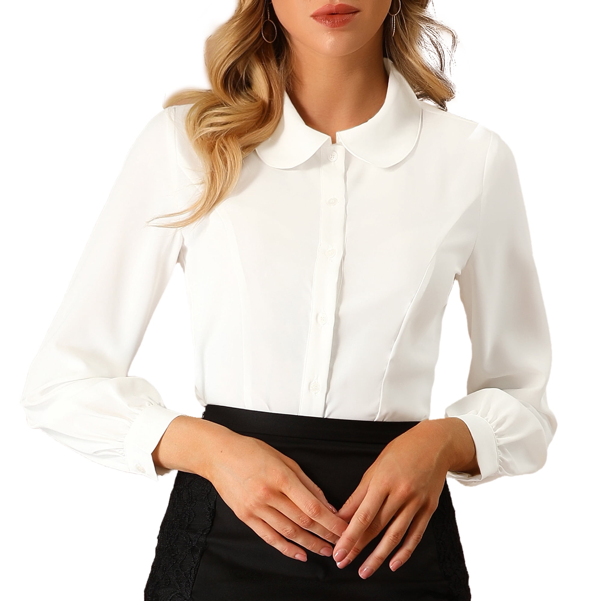 DARING DIVA Women's Peter Pan Collar Long Sleeve Button Down Work Shirts L Cream White