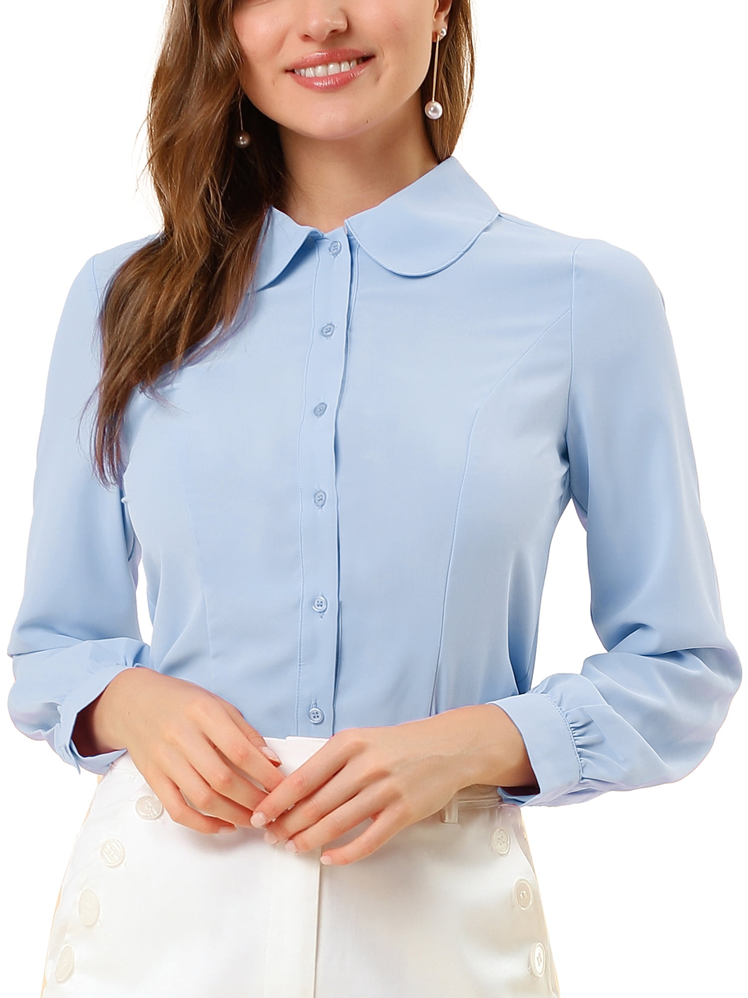 DARING DIVA Women's Peter Pan Collar Long Sleeve Button Down Work Shirts M Light Blue
