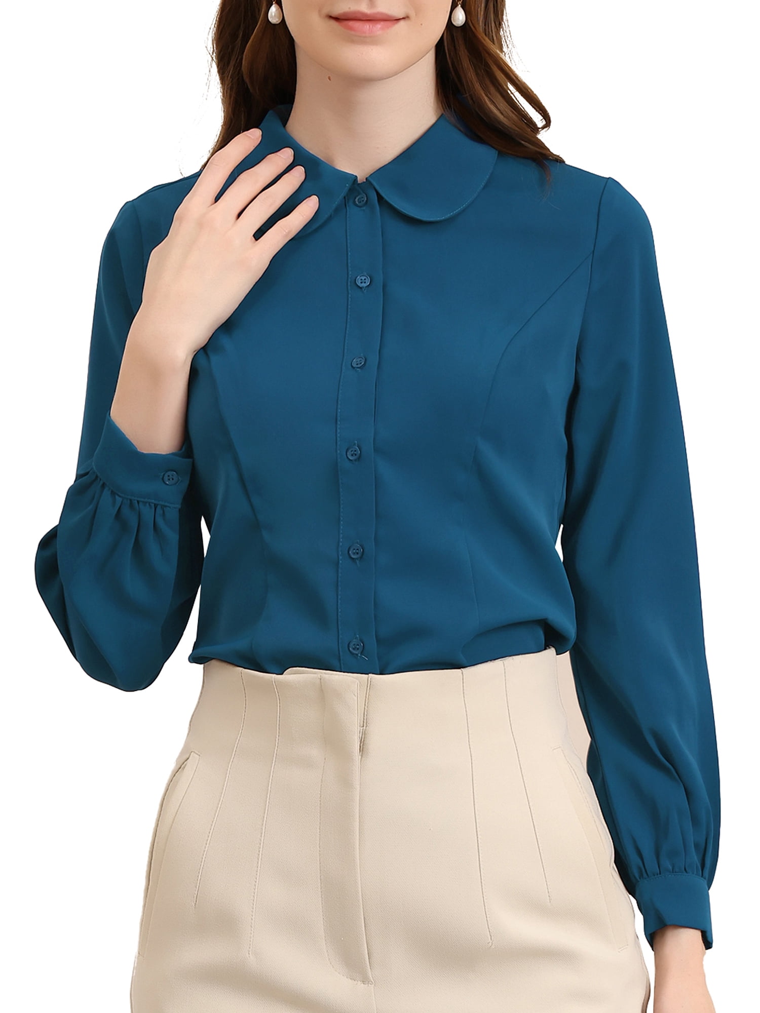 DARING DIVA Women's Peter Pan Collar Long Sleeve Button Down Work Shirts S Peacock Blue